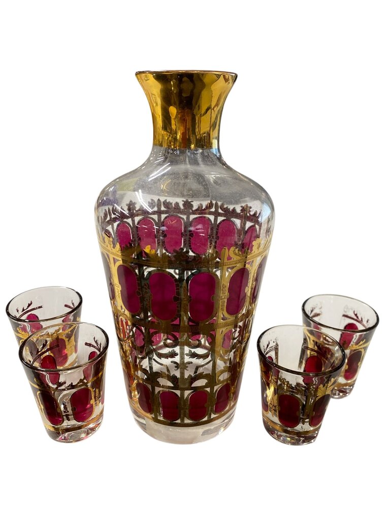 MCM Culver Cranberry Scroll 5-PIece Decanter and Shot Glass Set - AS IS