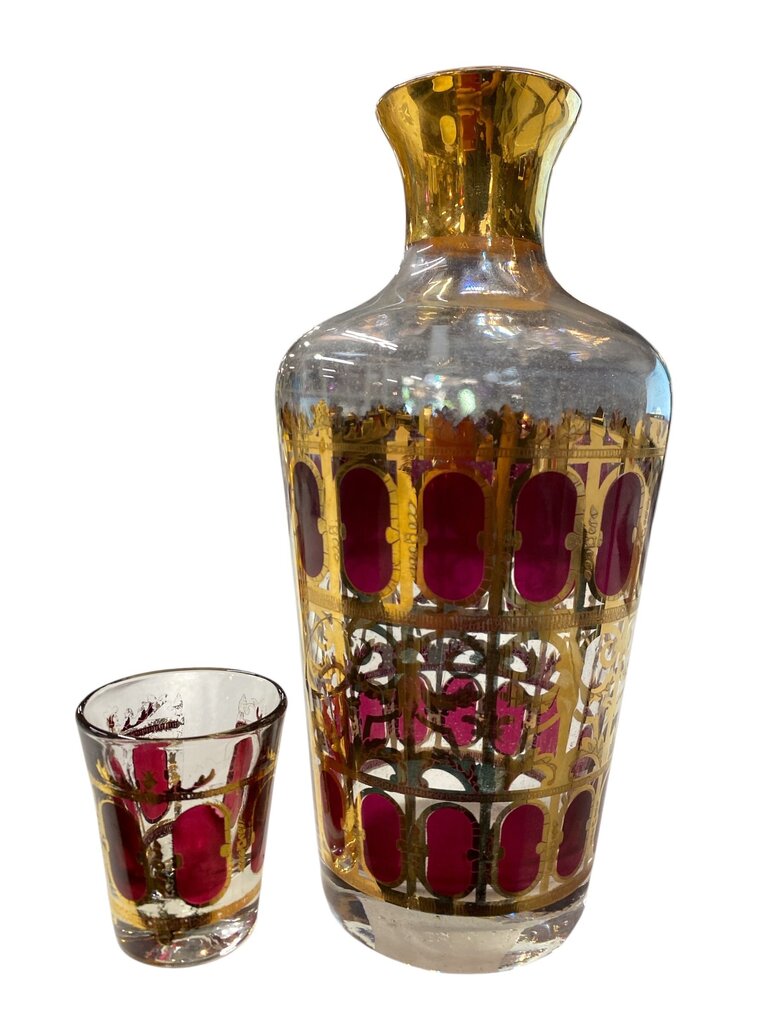 MCM Culver Cranberry Scroll 5-PIece Decanter and Shot Glass Set - AS IS