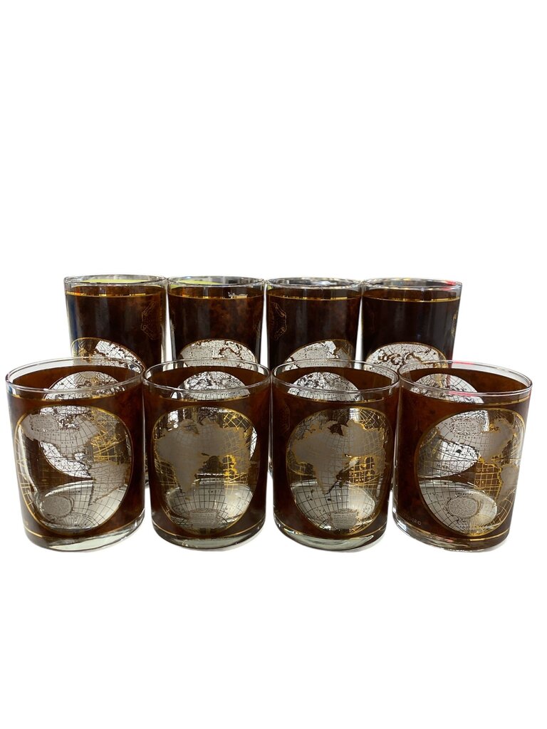 MCM Culver Set of 8 World Map Highballand Lowball Glasses