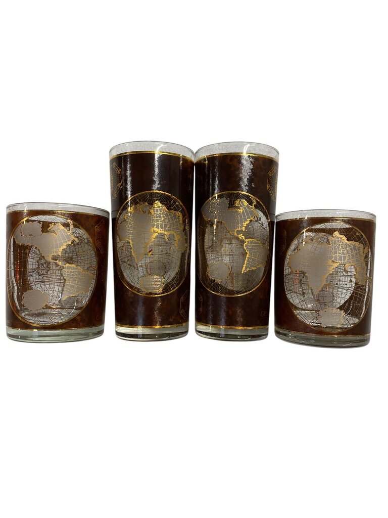 MCM Culver Set of 8 World Map Highballand Lowball Glasses