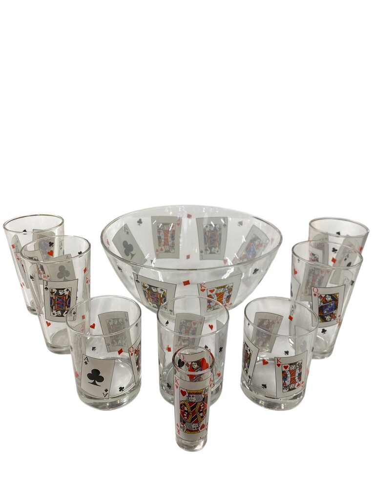 Man Cave Poker Playing Cards Chip Bowl and Beer. Whiskey and Shot Glass Set