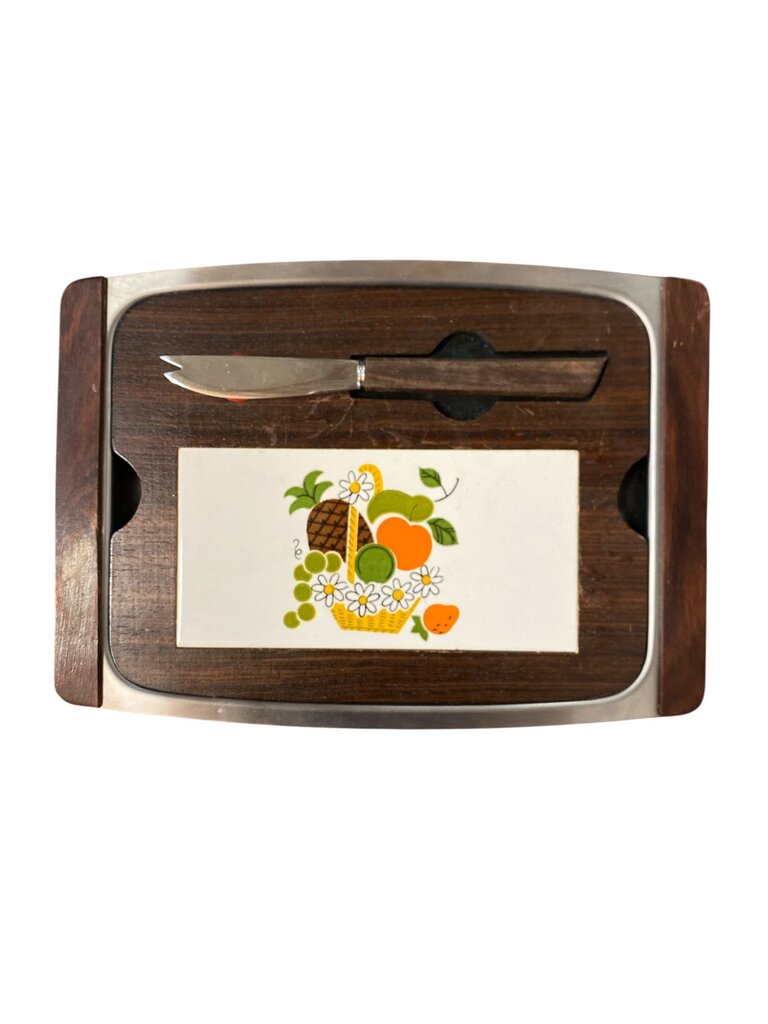 Danish Modern Mid Century Rosewood Tray and Cutting Board/Knife Set with Tile Insert