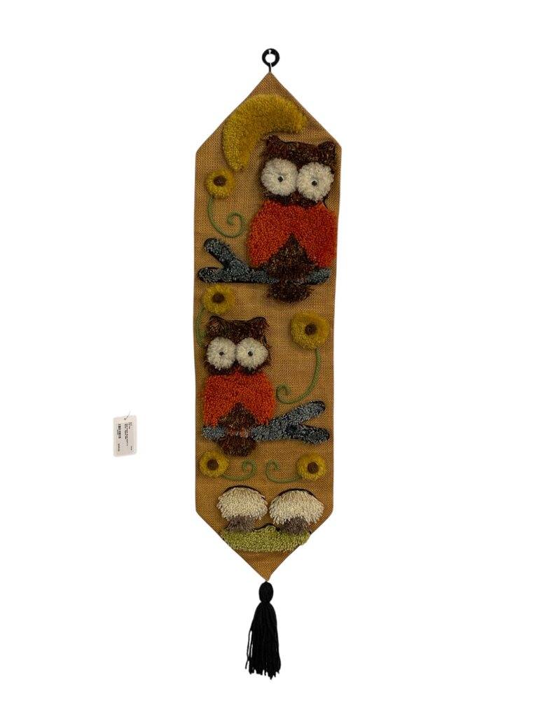Mid Century Wool and Burlap Owl Wall Hanging