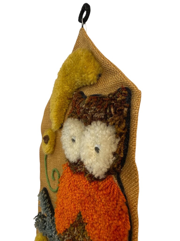 Mid Century Wool and Burlap Owl Wall Hanging