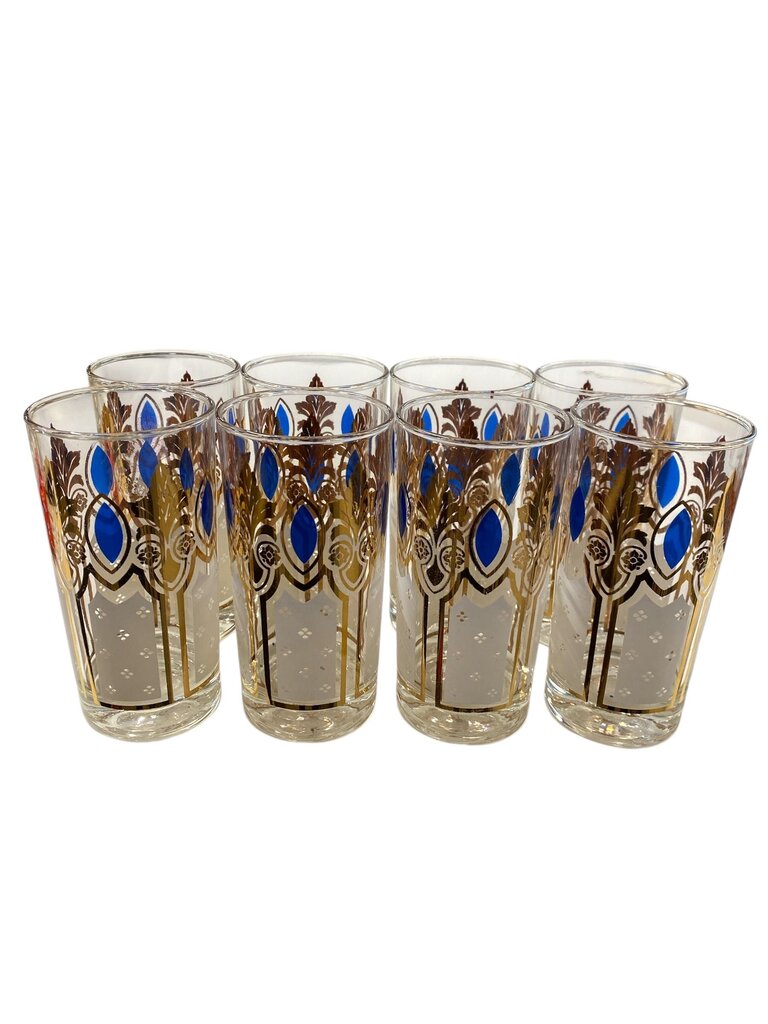 MCM Set of 8 Blue and 22K Gold Highball Glasses