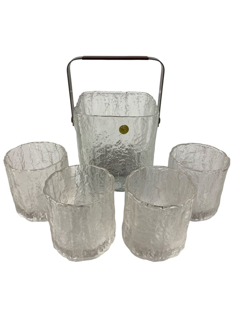 Set of 5 Vintage Hoya Japan Glacier Glass ice Bucket and Cocktail Glasses