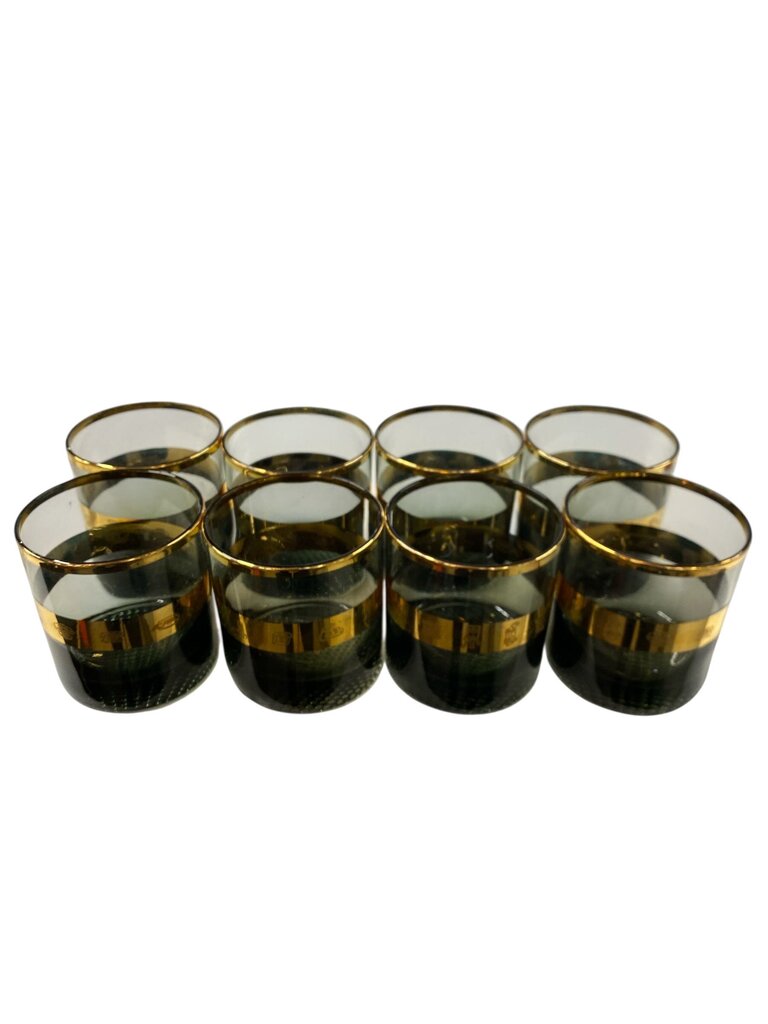 Vintage Smoked Glass Gold Band Old Fashioned Telephone Glasses (Set of 8)