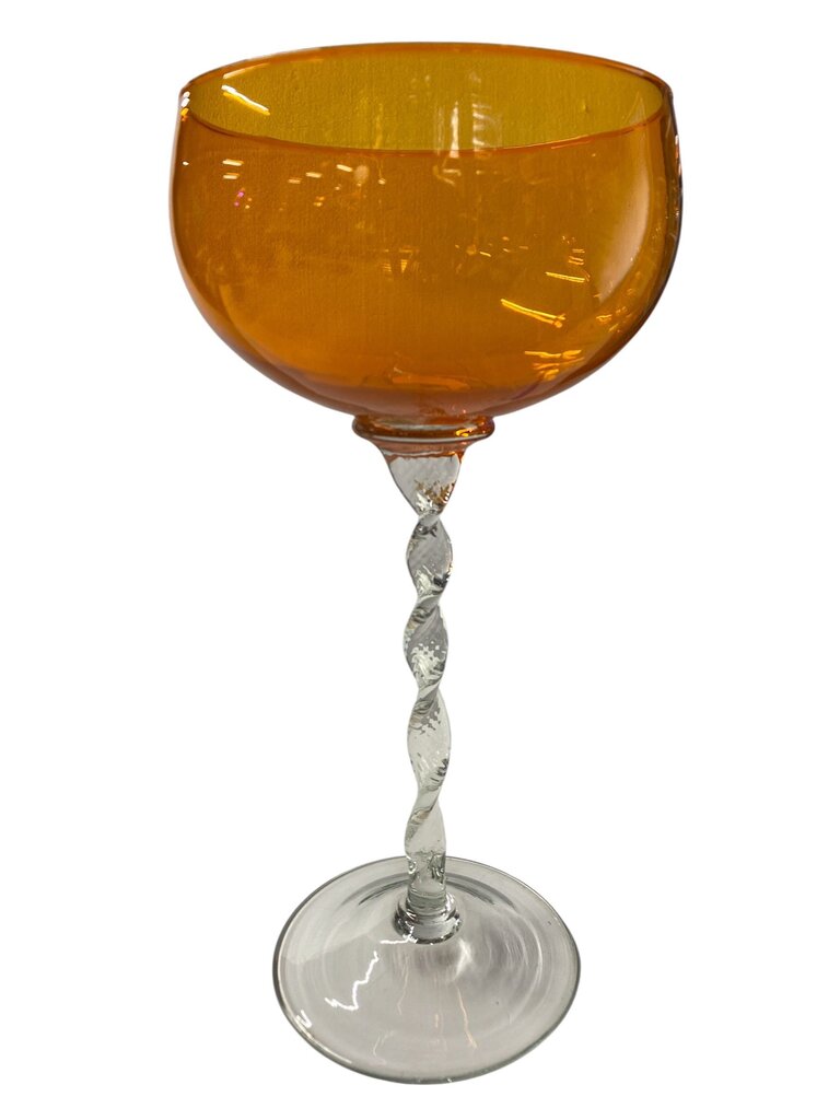 Empoli Italian Art Glass 11" Orange Compote with Twisted Clear Glass Stem