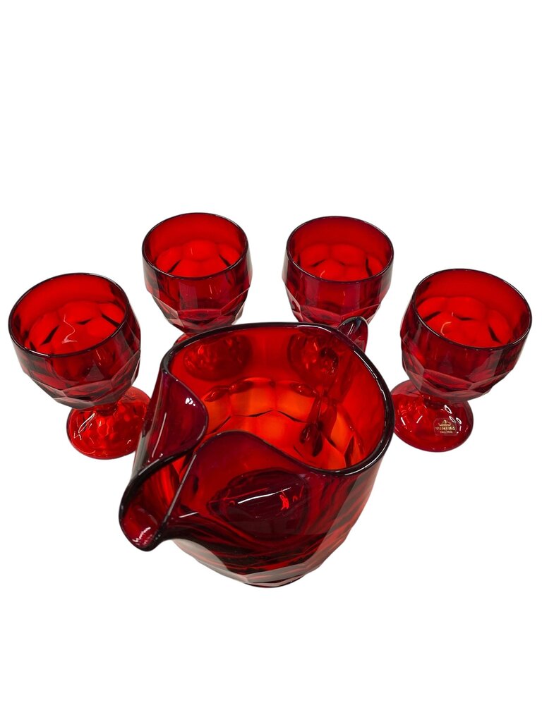 MCM Viking Georgian Ruby Red Honeycomb Pitcher and 4 Glasses
