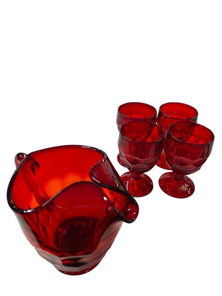 MCM Viking Georgian Ruby Red Honeycomb Pitcher and 4 Glasses