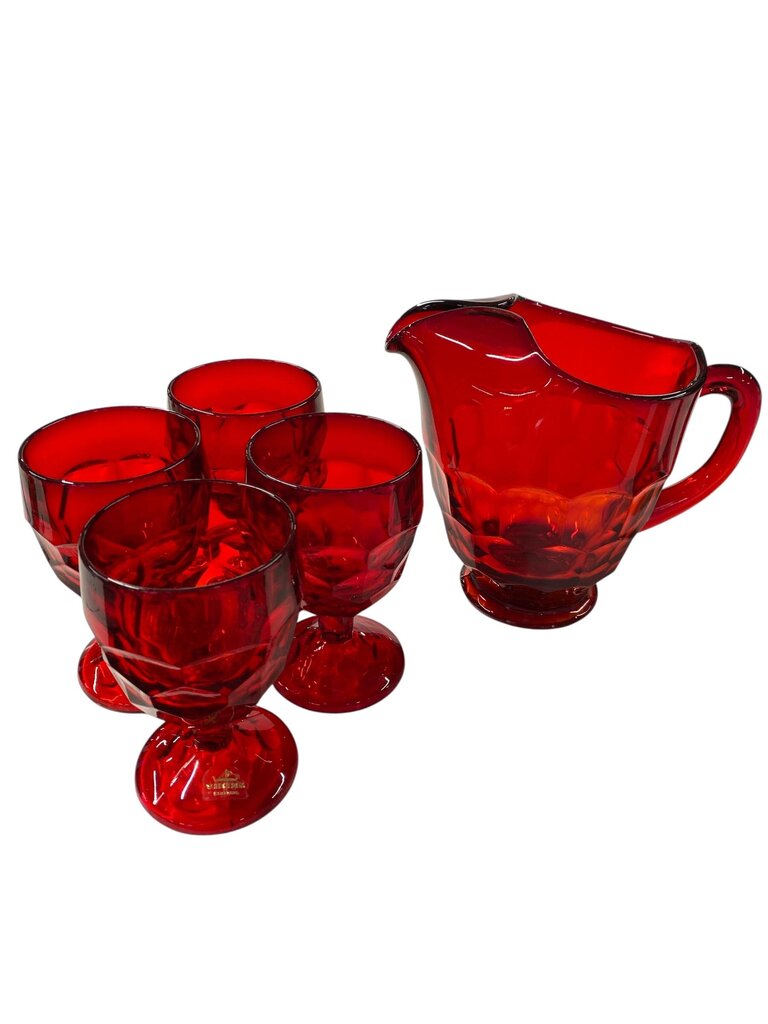 MCM Viking Georgian Ruby Red Honeycomb Pitcher and 4 Glasses