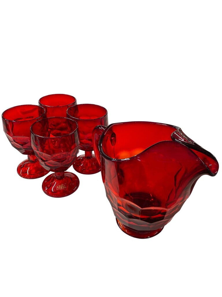 MCM Viking Georgian Ruby Red Honeycomb Pitcher and 4 Glasses