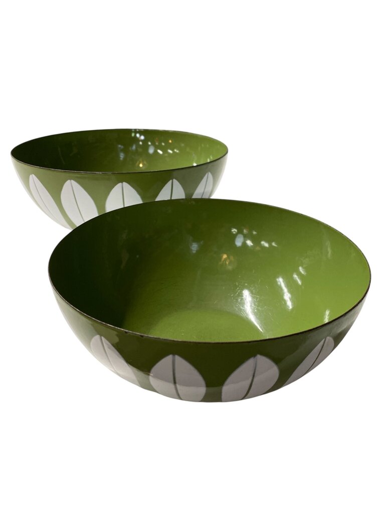 Vintage Catherine Holm Norway Pair of Stacking Green and White Enamel Lotus Bowls (Set of 2)