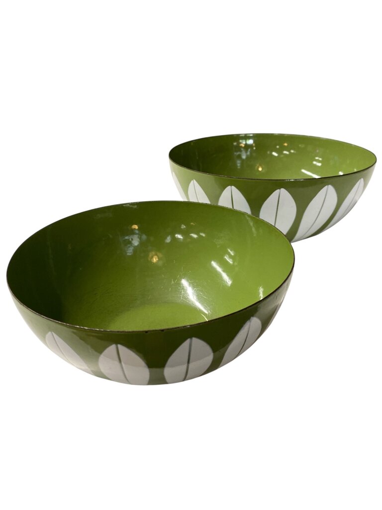 Vintage Catherine Holm Norway Pair of Stacking Green and White Enamel Lotus Bowls (Set of 2)
