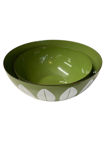 Vintage Catherine Holm Norway Pair of Stacking Green and White Enamel Lotus Bowls (Set of 2)