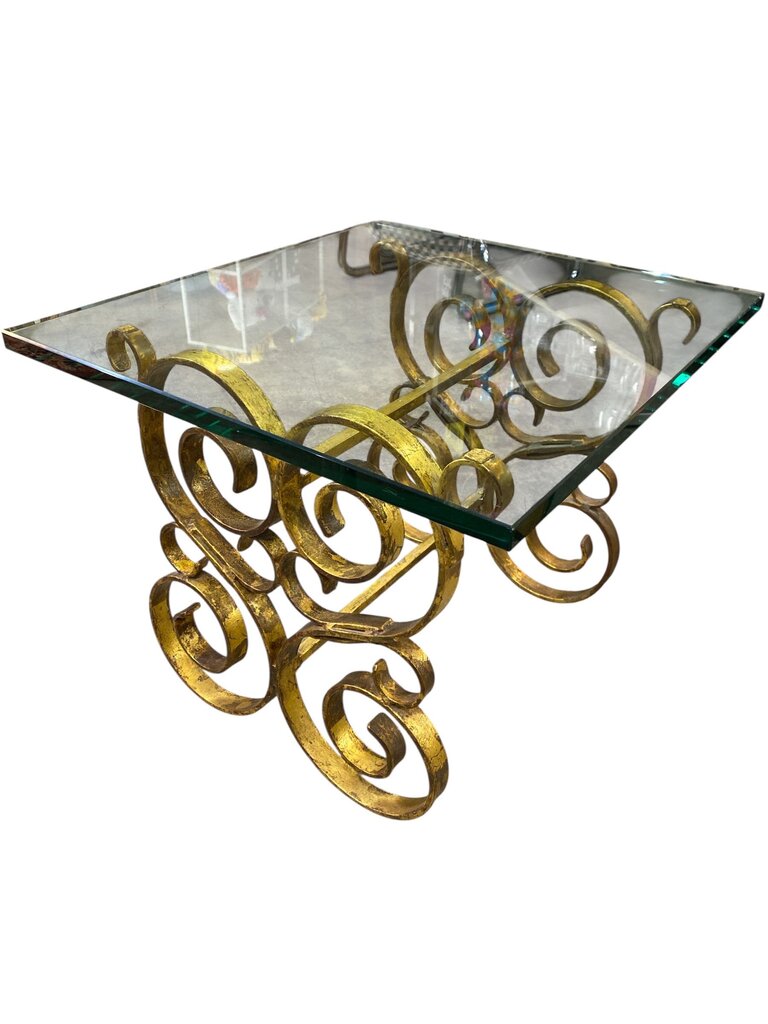 Hollywood Regency Gilt Glass and Iron Side Table