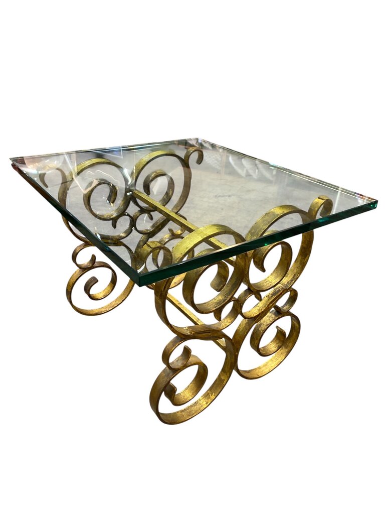 Hollywood Regency Gilt Glass and Iron Side Table