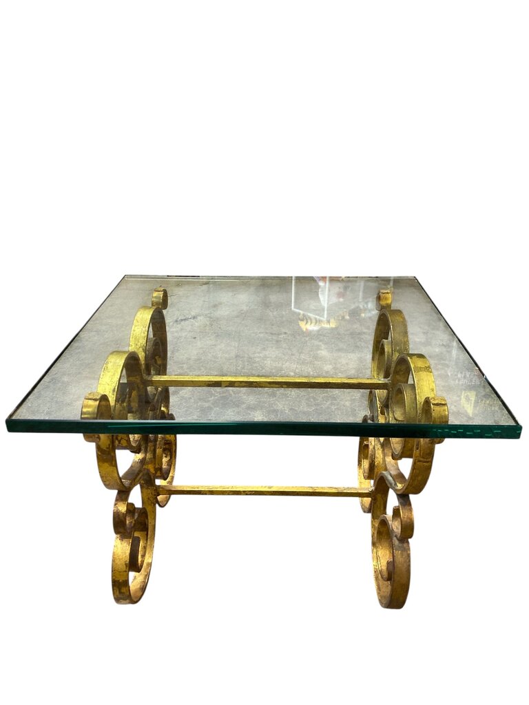 Hollywood Regency Gilt Glass and Iron Side Table