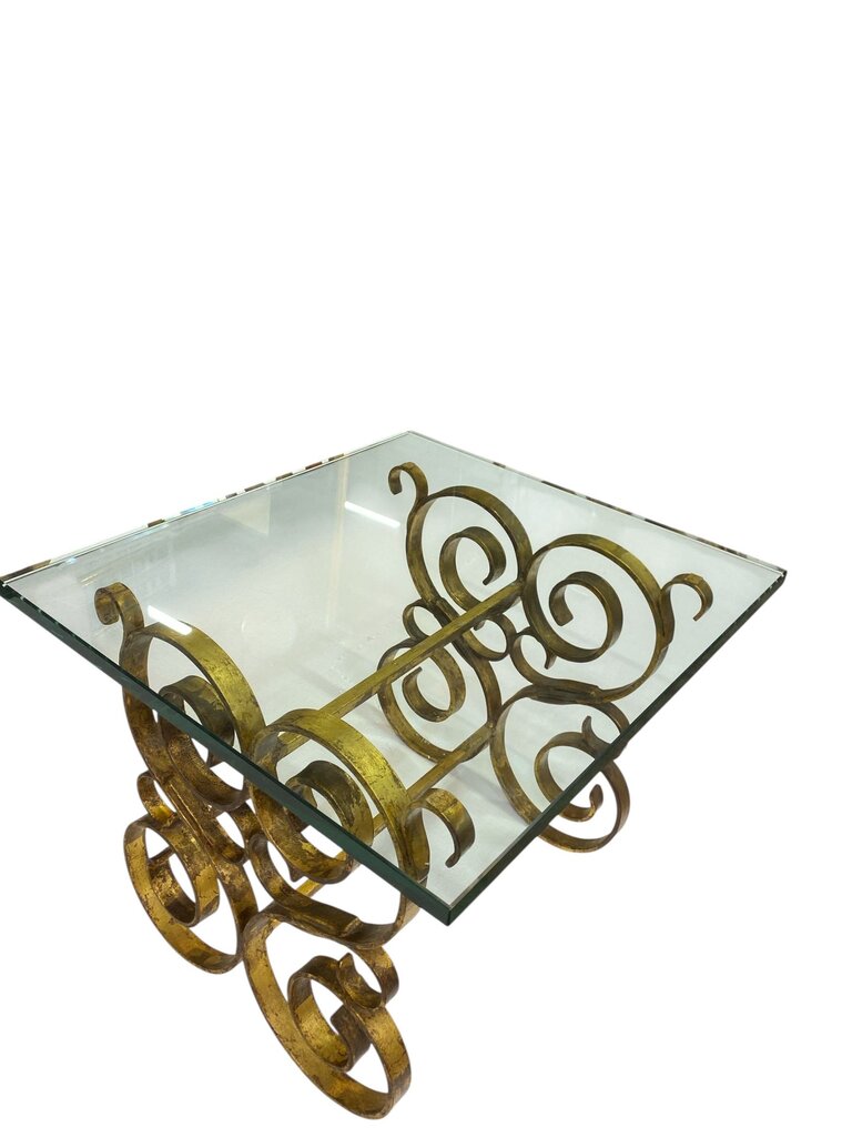 Hollywood Regency Gilt Glass and Iron Side Table