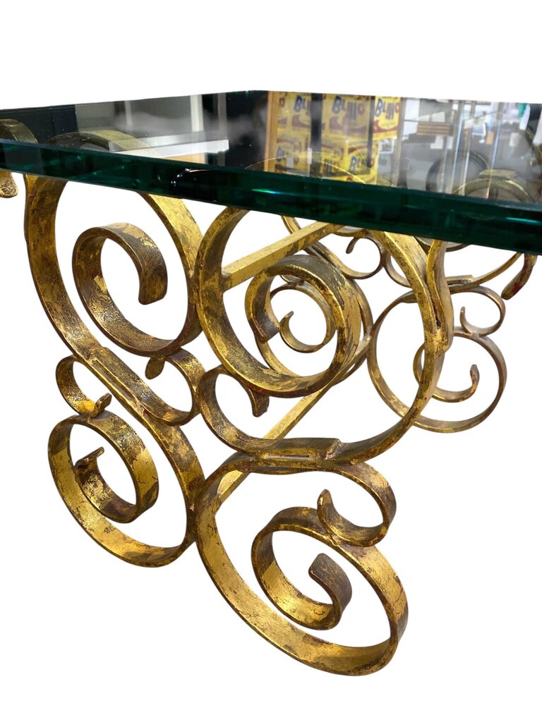 Hollywood Regency Gilt Glass and Iron Side Table