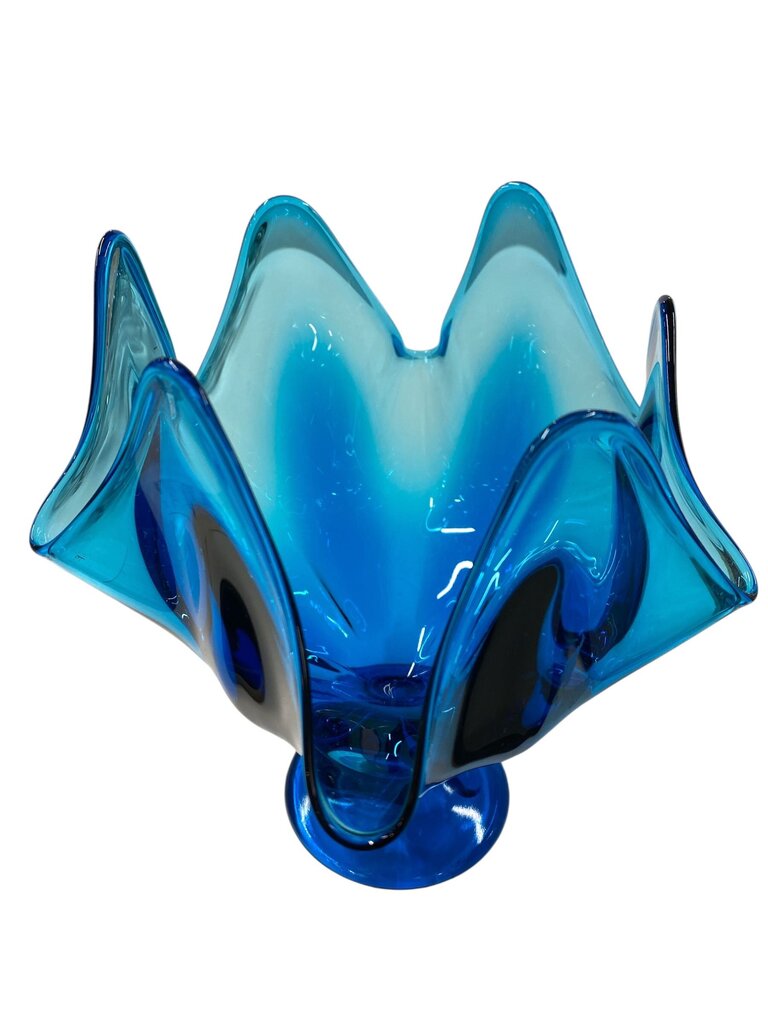 MCM L.E. Smith Peacock Blue Swung Glass 7.5" Footed Compote