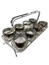 Vintage Dorothy Thorpe Set of Silver-Rimmed Roly Poly Glasses in Original Chrome Caddy - AS IS