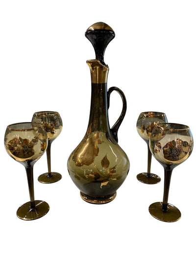 MCM Vintage Smoked Glass and Gold Floral Accent Decanter and Glass Set