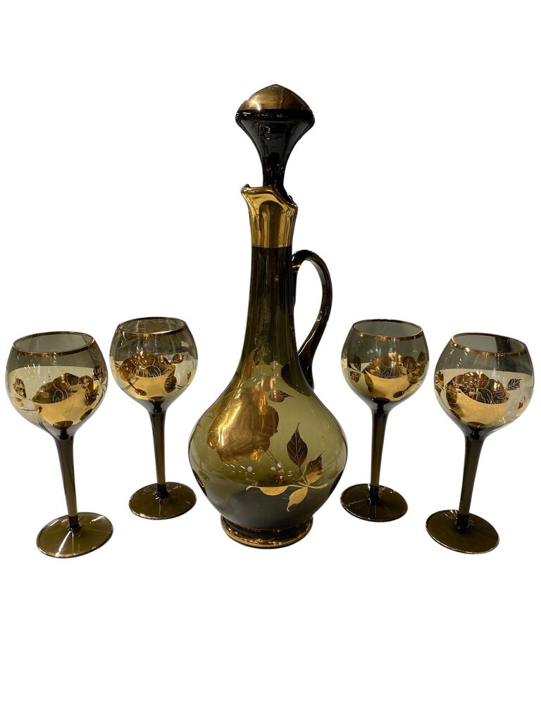 MCM Vintage Smoked Glass and Gold Floral Accent Decanter and Glass Set