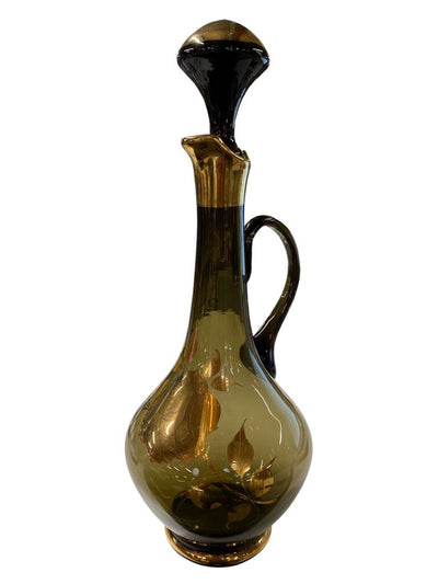 MCM Vintage Smoked Glass and Gold Floral Accent Decanter and Glass Set