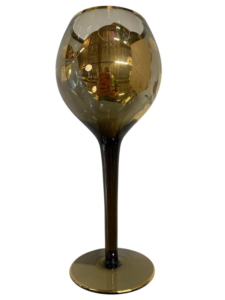 MCM Vintage Smoked Glass and Gold Floral Accent Decanter and Glass Set