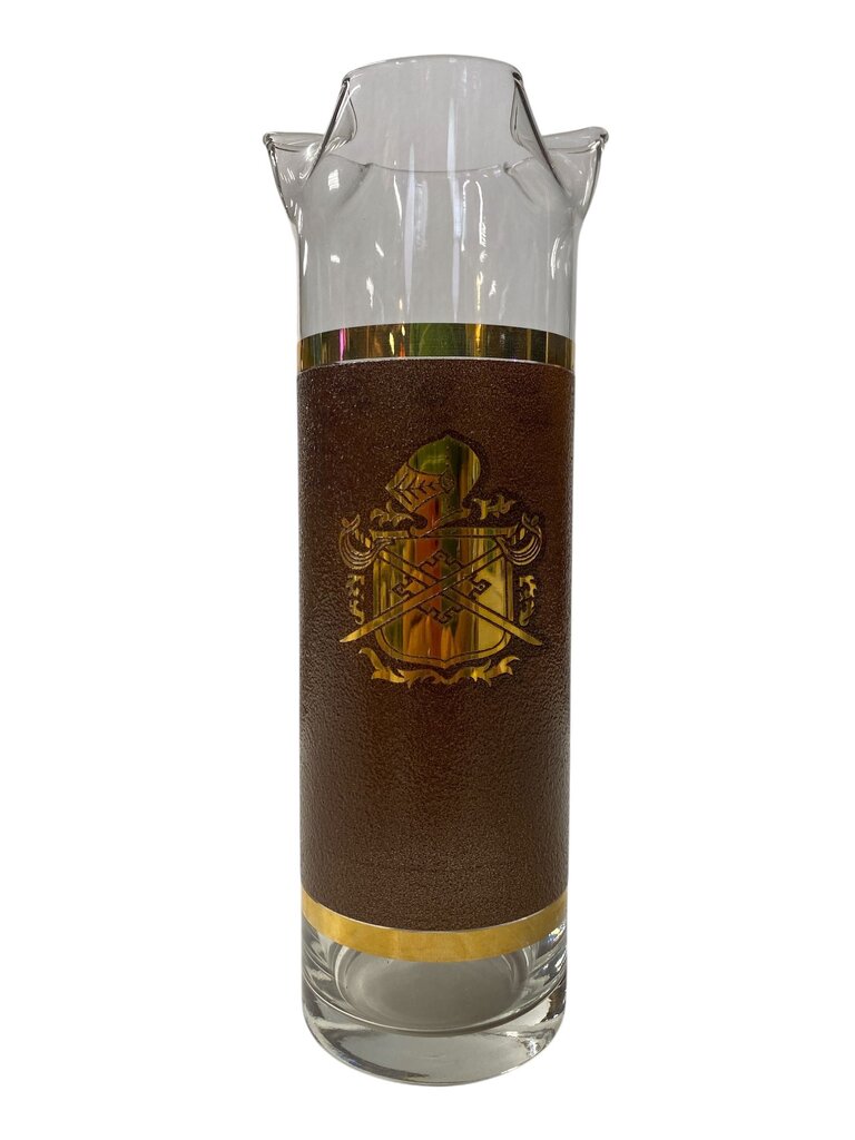 MCM Coat of Arms Gold and Brown Decanter and Glass Set