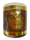 MCM Coat of Arms Gold and Brown Decanter and Glass Set