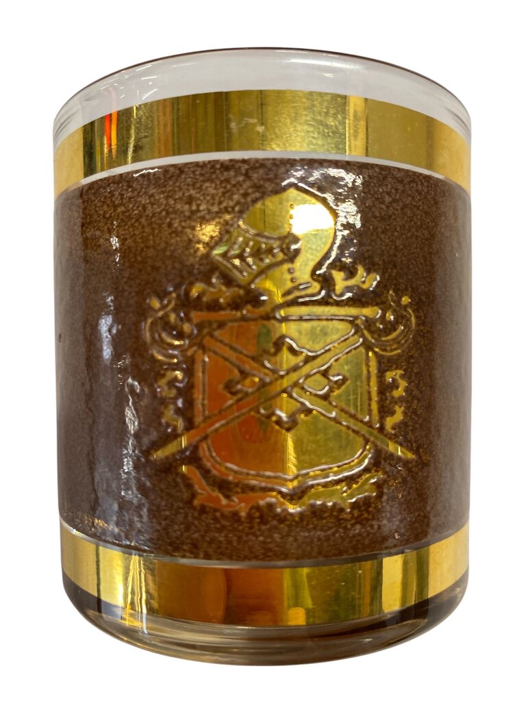 MCM Coat of Arms Gold and Brown Decanter and Glass Set