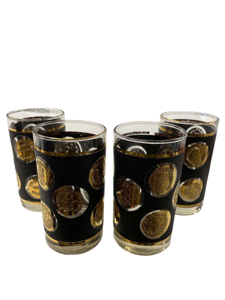 Vintage Libbey 22K Gold and Textured Black Coins of the World Highball Glasses (Set of 4)