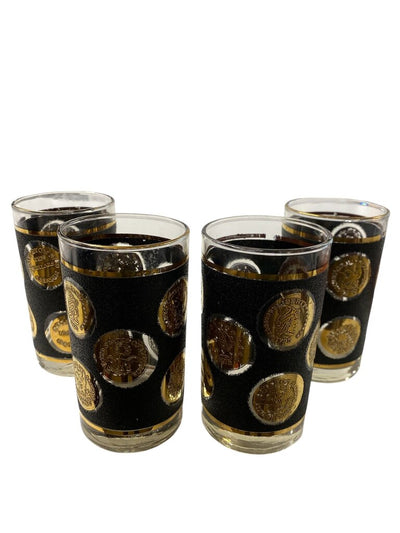 Vintage Libbey 22K Gold and Textured Black Coins of the World Highball Glasses (Set of 4)