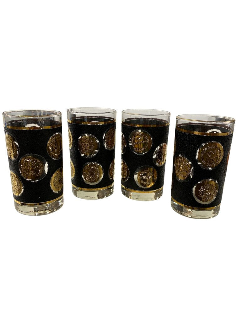 Vintage Libbey 22K Gold and Textured Black Coins of the World Highball Glasses (Set of 4)