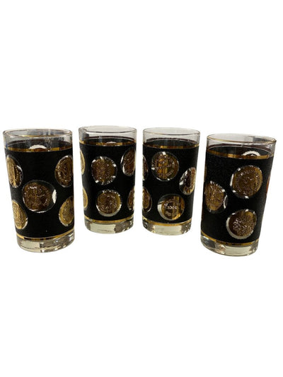 Vintage Libbey 22K Gold and Textured Black Coins of the World Highball Glasses (Set of 4)