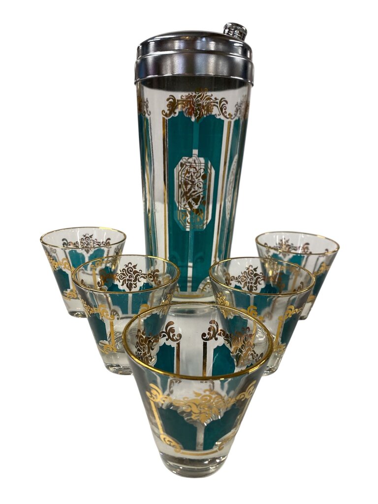 Rare Vintage Hazel Atlas Cocktail Shaker and Glasses Barware Set