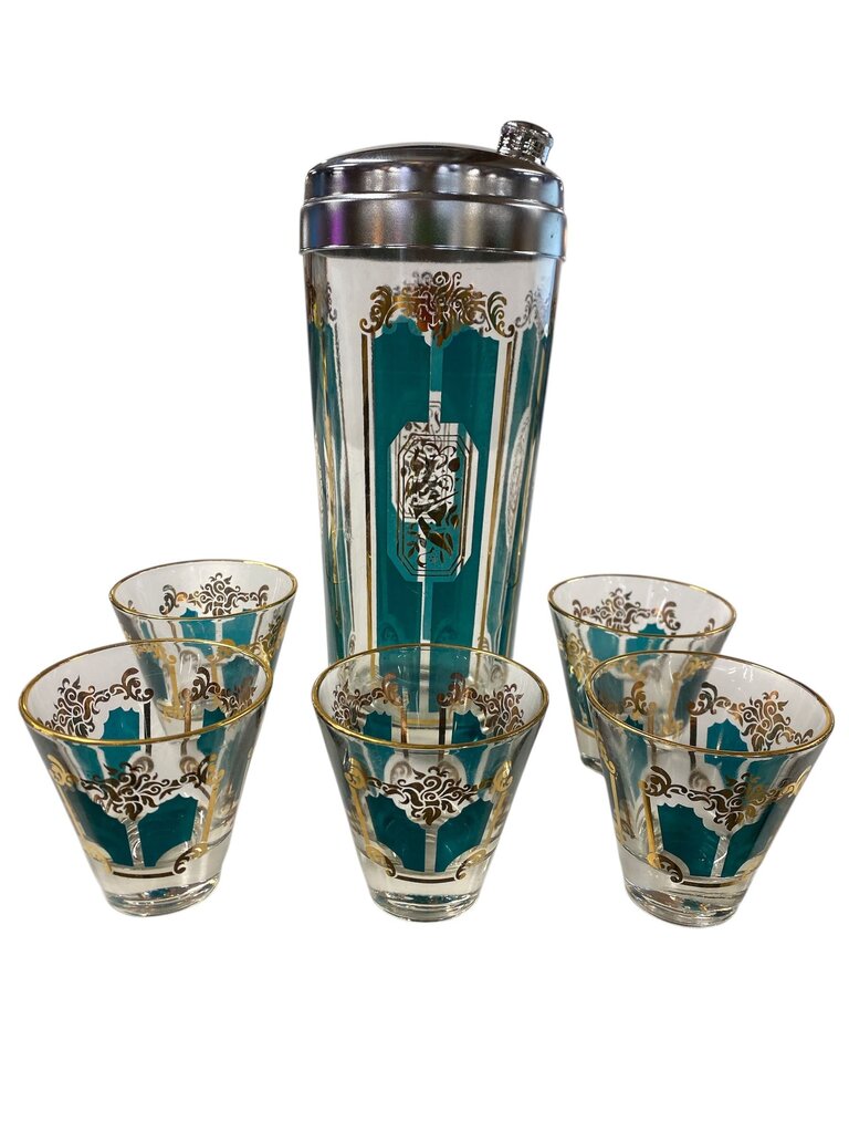 Rare Vintage Hazel Atlas Cocktail Shaker and Glasses Barware Set