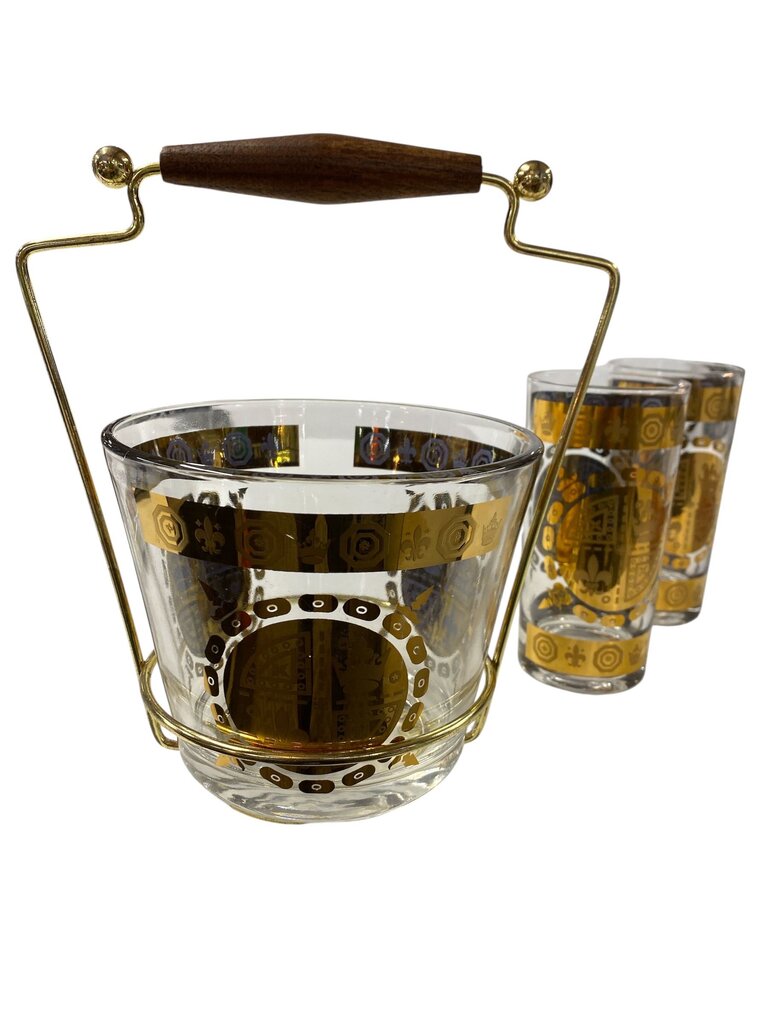 1960's Vito Bari Signed 22K Gold Fleur de Lis Crown Ice Bucket and Highball Glass Set