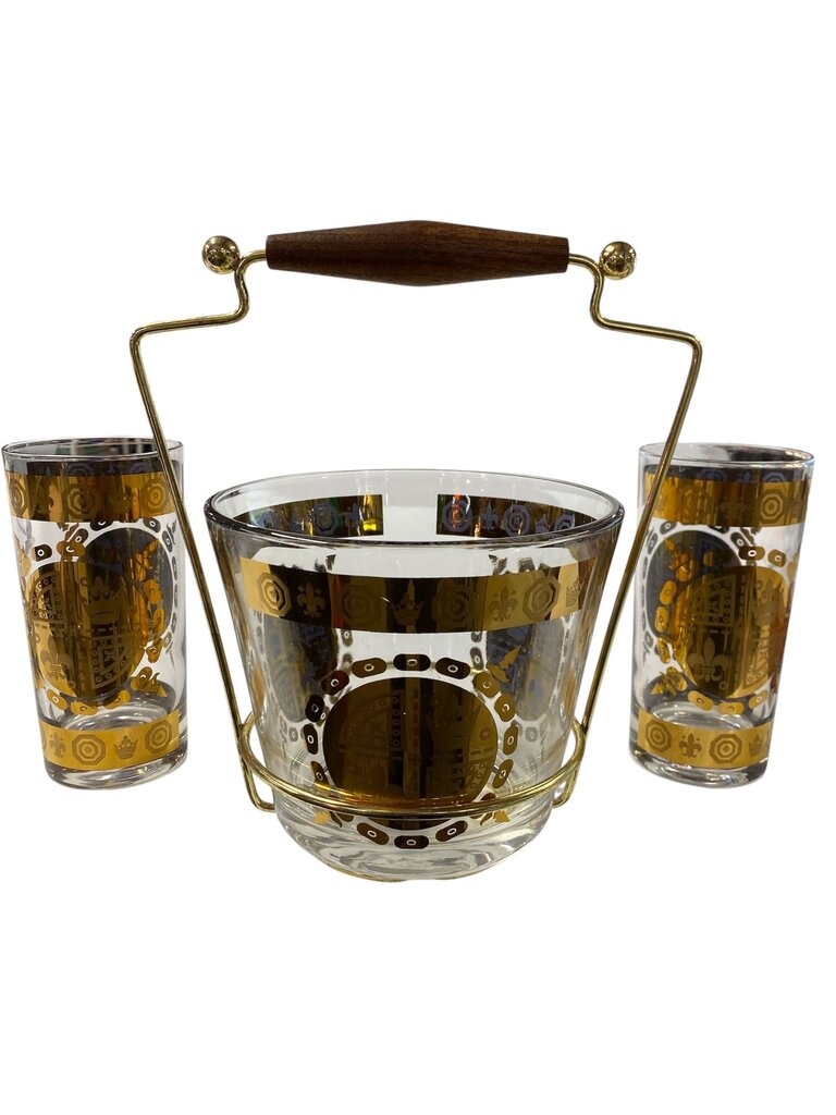 1960's Vito Bari Signed 22K Gold Fleur de Lis Crown Ice Bucket and Highball Glass Set