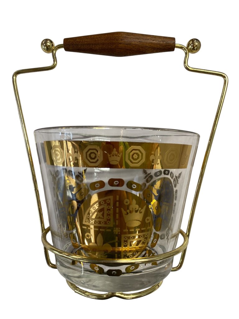 1960's Vito Bari Signed 22K Gold Fleur de Lis Crown Ice Bucket and Highball Glass Set