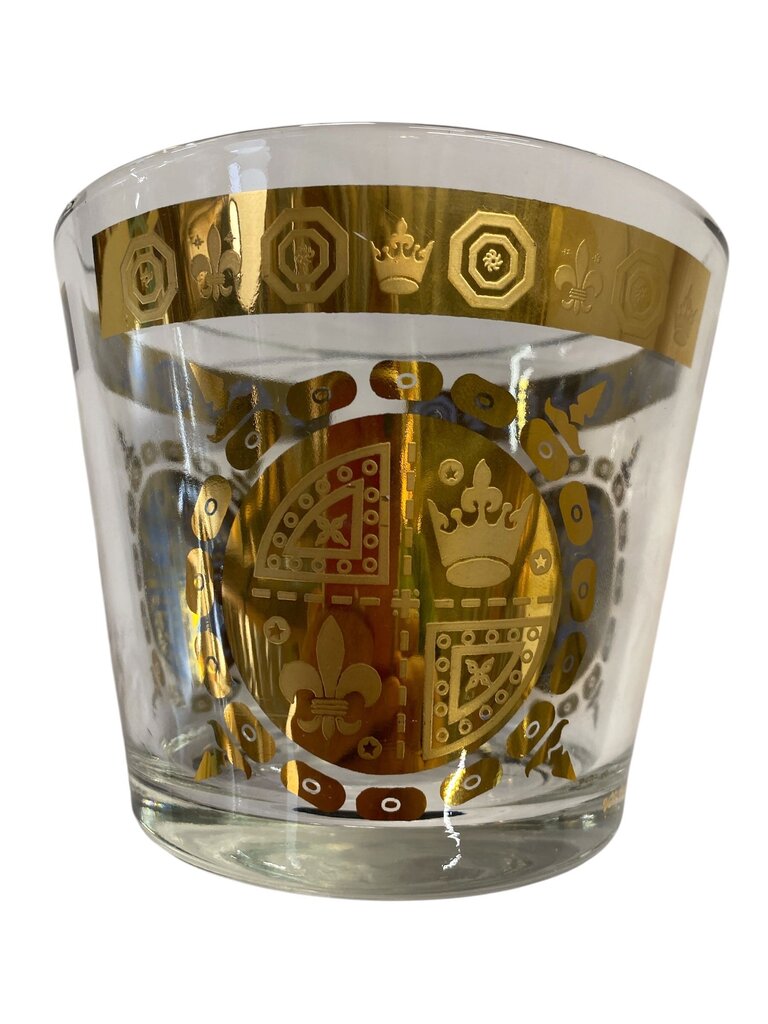 1960's Vito Bari Signed 22K Gold Fleur de Lis Crown Ice Bucket and Highball Glass Set