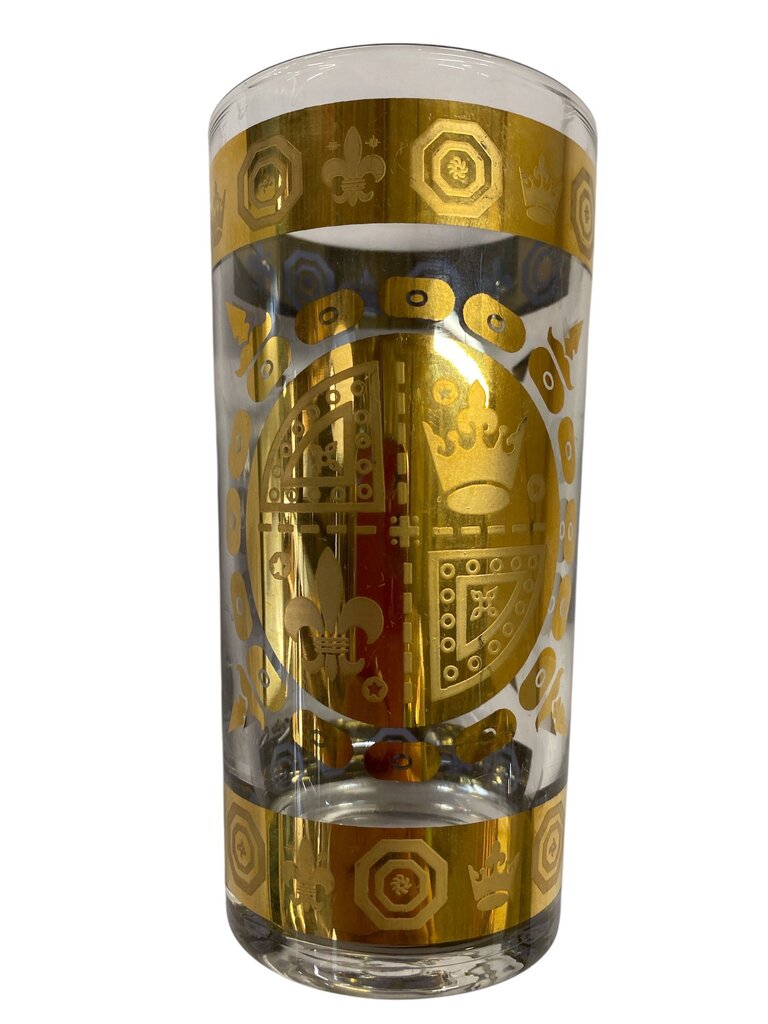 1960's Vito Bari Signed 22K Gold Fleur de Lis Crown Ice Bucket and Highball Glass Set