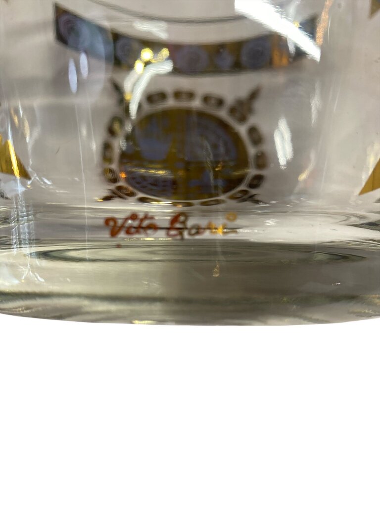 1960's Vito Bari Signed 22K Gold Fleur de Lis Crown Ice Bucket and Highball Glass Set