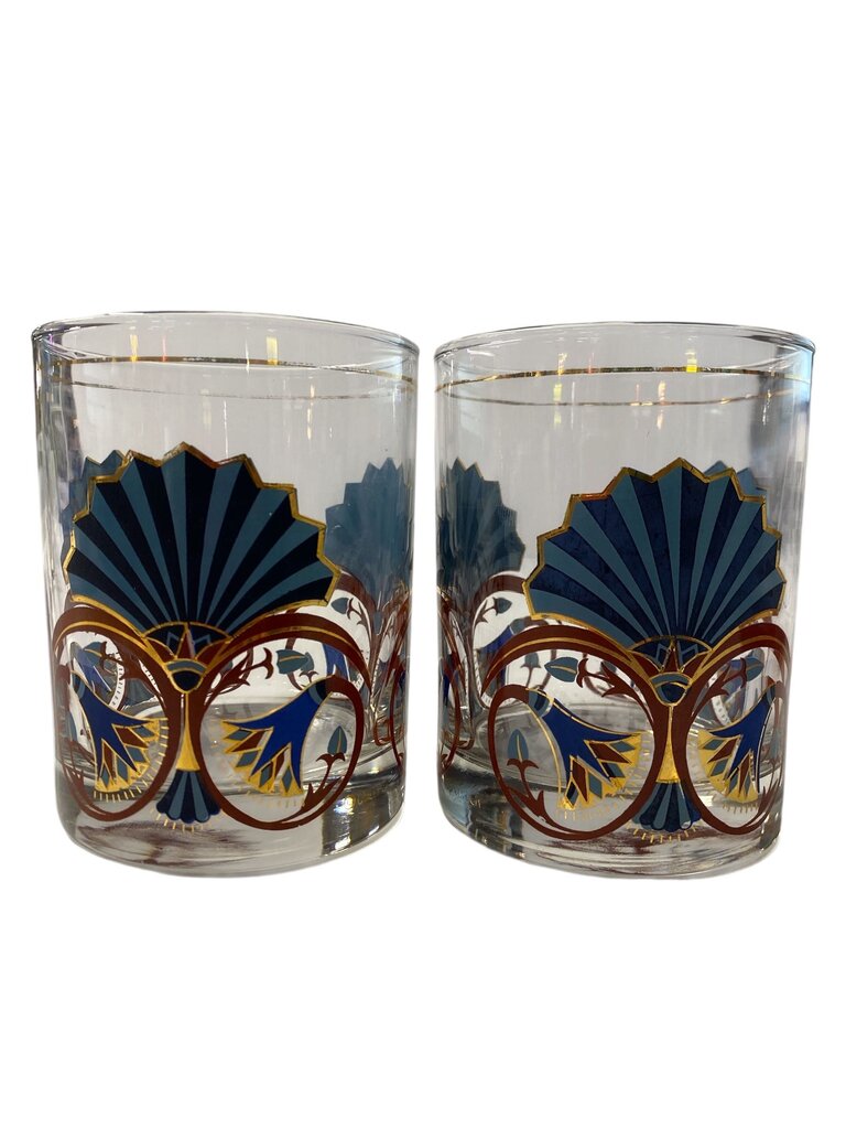 MCM 1970's Culver Blue Art Deco Pair of Old Fashioned Glasses (Set of 2)