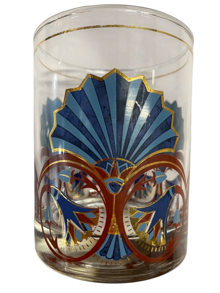 MCM 1970's Culver Blue Art Deco Pair of Old Fashioned Glasses (Set of 2)