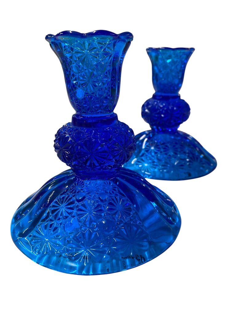 Vintage Pair of Fenton Blue Daisy and Button Pattern Candle Holders (Set of 2)