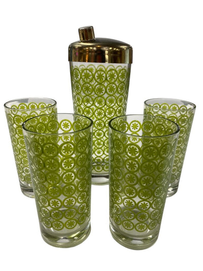MCM Atomic Green Asterisk Cocktail Shaker and 4 Glasses (Set of 5)