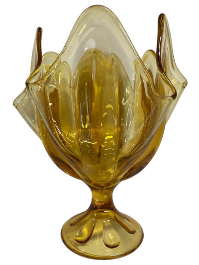MCM Viking Epic 6 Petal Amber Glass Handkerchief Footed Compote